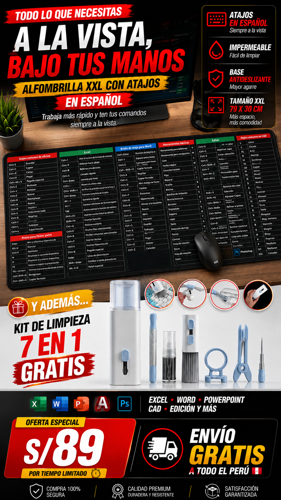 Mouse Pad Xl Atajos De Teclado + kit de limpieza de Regalo