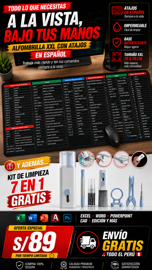 Mouse Pad Xl Atajos De Teclado + kit de limpieza de Regalo