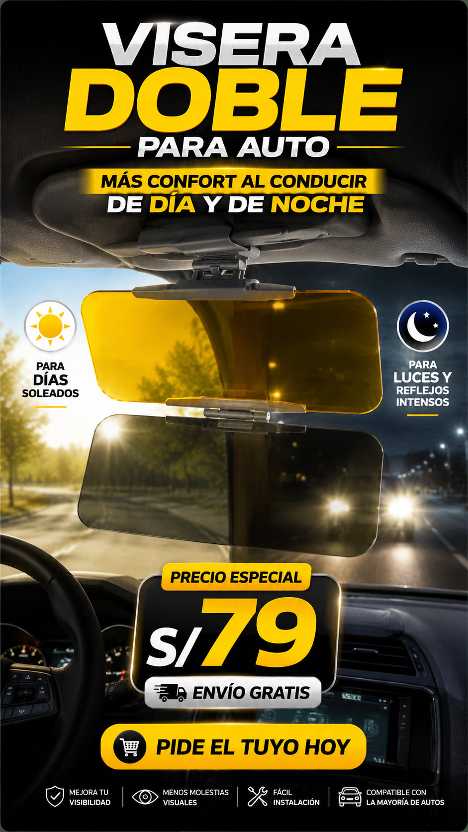 Visera Doble Amarillo Y Oscuro De Sol Para Autos Protección De Altos Reflejos Fuerte