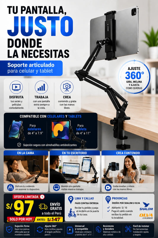 Soporte Sujetador Brazo Articulado Metálico Flexible Tablet Celulares