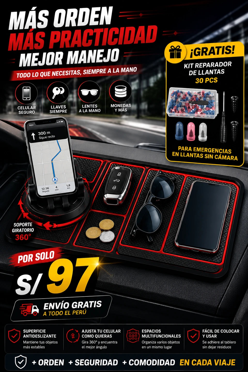 Tapete Antideslizante Para Auto + Kit de emergencia de Regalo