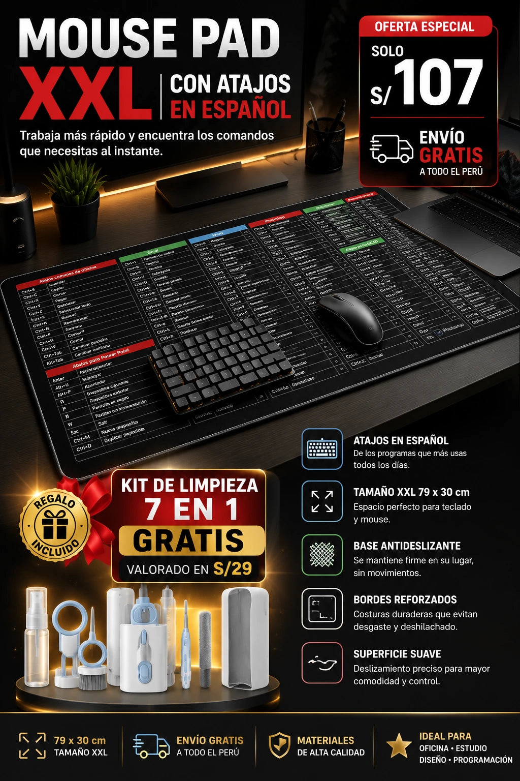 Mouse Pad Xl Atajos De Teclado + kit de limpieza de Regalo