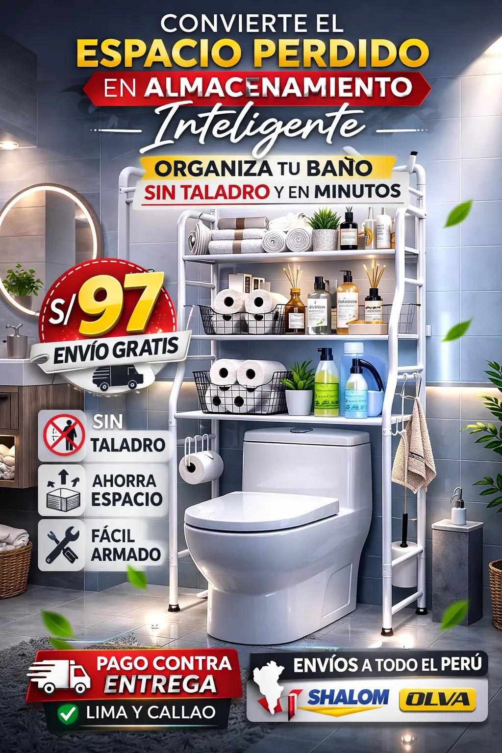 Estante Aluminio Blanco Baño Organizador Baño Tres Niveles