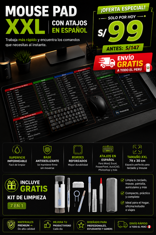 Mouse Pad Xl Atajos De Teclado + kit de limpieza de Regalo