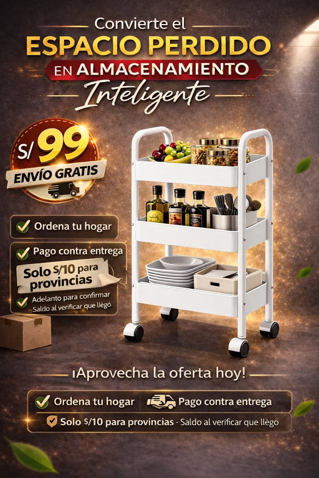 Organizador Multiusos De 3 Niveles Con Ruedas de Metal