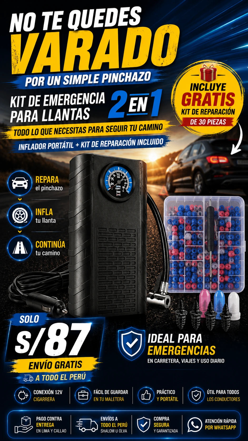 Kit de Emergencia para Llantas 2 en 1 | Inflador Portátil 12V + Kit de Reparación de 30 Tornillos