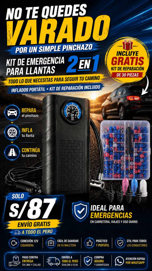 Kit de Emergencia para Llantas 2 en 1 | Inflador Portátil 12V + Kit de Reparación de 30 Tornillos