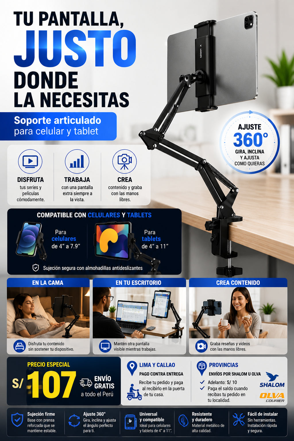 Soporte Sujetador Brazo Articulado Metálico Flexible Tablet Celulares
