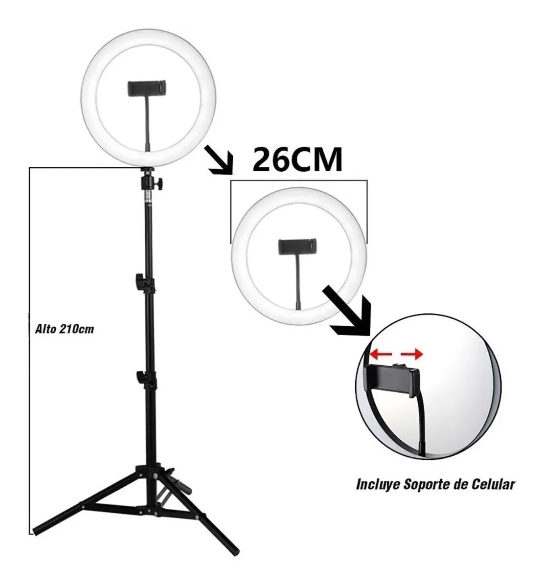 Aro De Luz Led 26cm + Trípode 2m + Adaptador Celular Camara