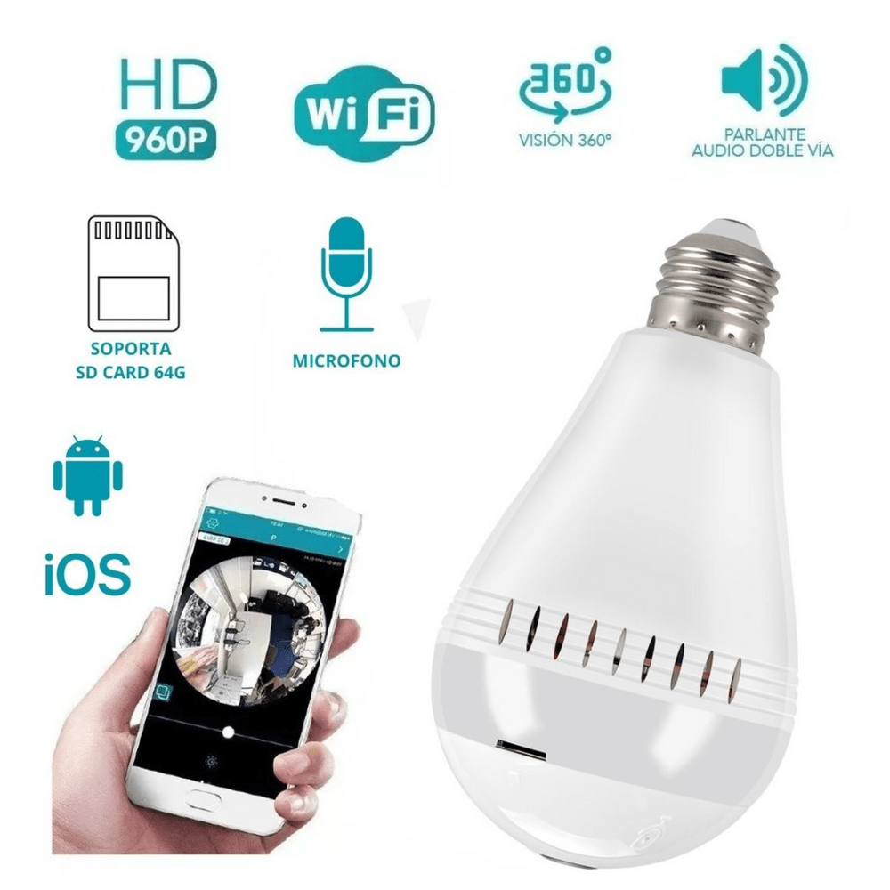 Foco Led Camara Espia Wifi 1080 Fullhd 360 Grados En Tiempo Real +App